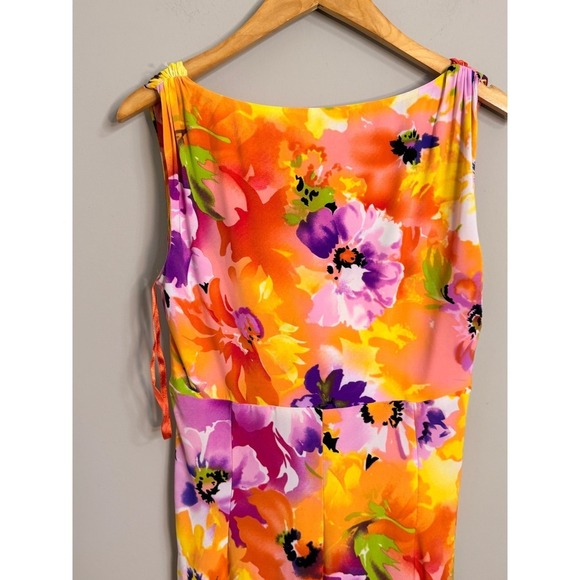 Lauren Ralph Lauren Floral Wrap Ruched Sheath Dress Orange Pink Purple Size 10 - Picture 7 of 7